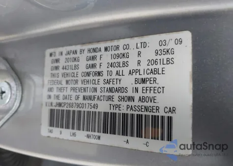 2009 Honda Accord 2.4 Ex-L z USA, uszkodzony, nr VIN JHMCP26879C017549